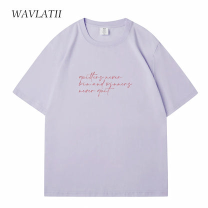 WAVLATII Women New Letter Printed T shirts Female White Casual Cotton Tees Lady Purple Summer Short Sleeve Tops for Young WT2342