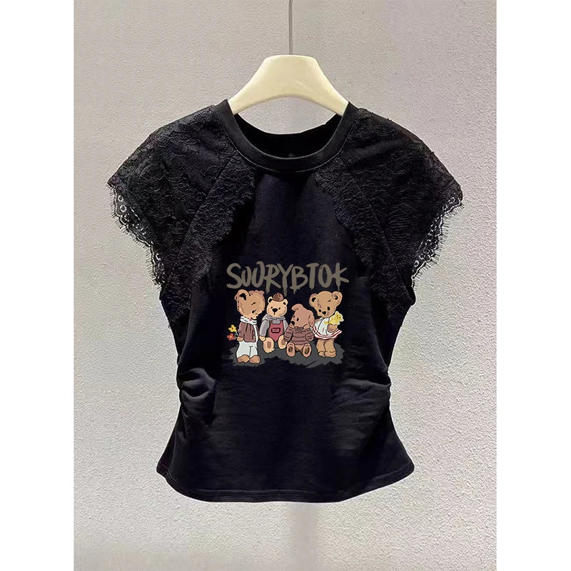 Retro Black Lace Mesh Short Sleeve Top Women Summer Fly Sleeve Short T-Shirt Outlet Store Printed Slim Fit Cotton Polyester