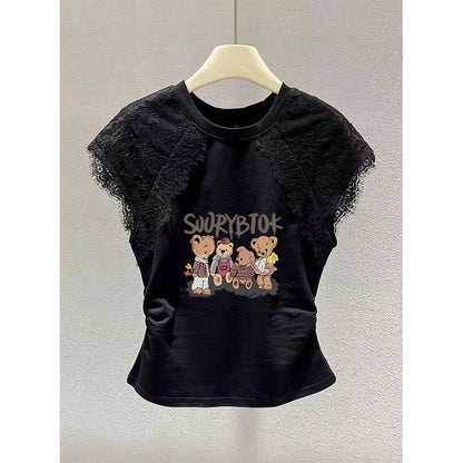 Retro Black Lace Mesh Short Sleeve Top Women Summer Fly Sleeve Short T-Shirt Outlet Store Printed Slim Fit Cotton Polyester