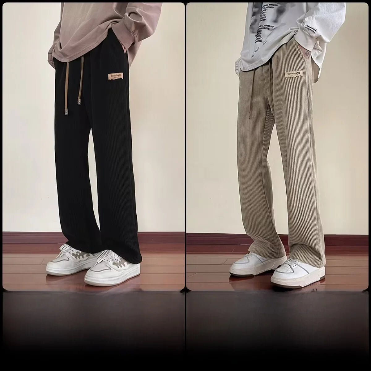 Men's Winter Thickened Fleece Lined Corduroy Wide Leg Sporty Casual Pants Loose Fit Straight Leg Long Trousers Fashionable Yo...