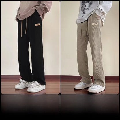Men's Winter Thickened Fleece Lined Corduroy Wide Leg Sporty Casual Pants Loose Fit Straight Leg Long Trousers Fashionable Yo...