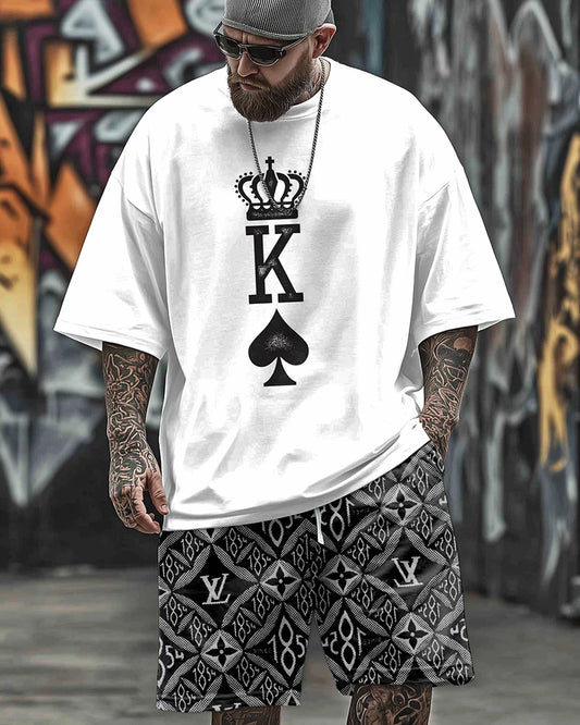 S-9XL Plus Size Men's Streetwear 2 Piece Outfit, King of Spades KING Crown Graphic Print Short Sleeve T-Shirt and Shorts Set