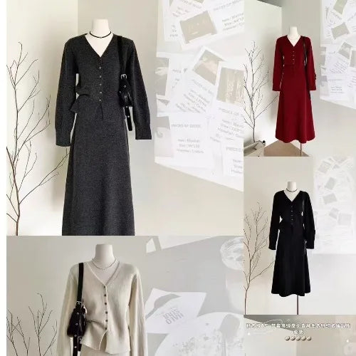 Autumn Winter V-Neck Single Button Knitted Cardigan Women's High Waist Wrap Body Skirt Korean Style Fashion Set High Quality