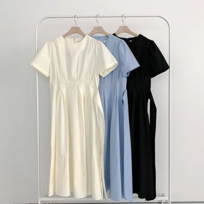 Elegant Pure Color Slim Fit Dress with Belt High Waist Spring Summer Autumn Short Sleeve Casual High Waist Skirt
