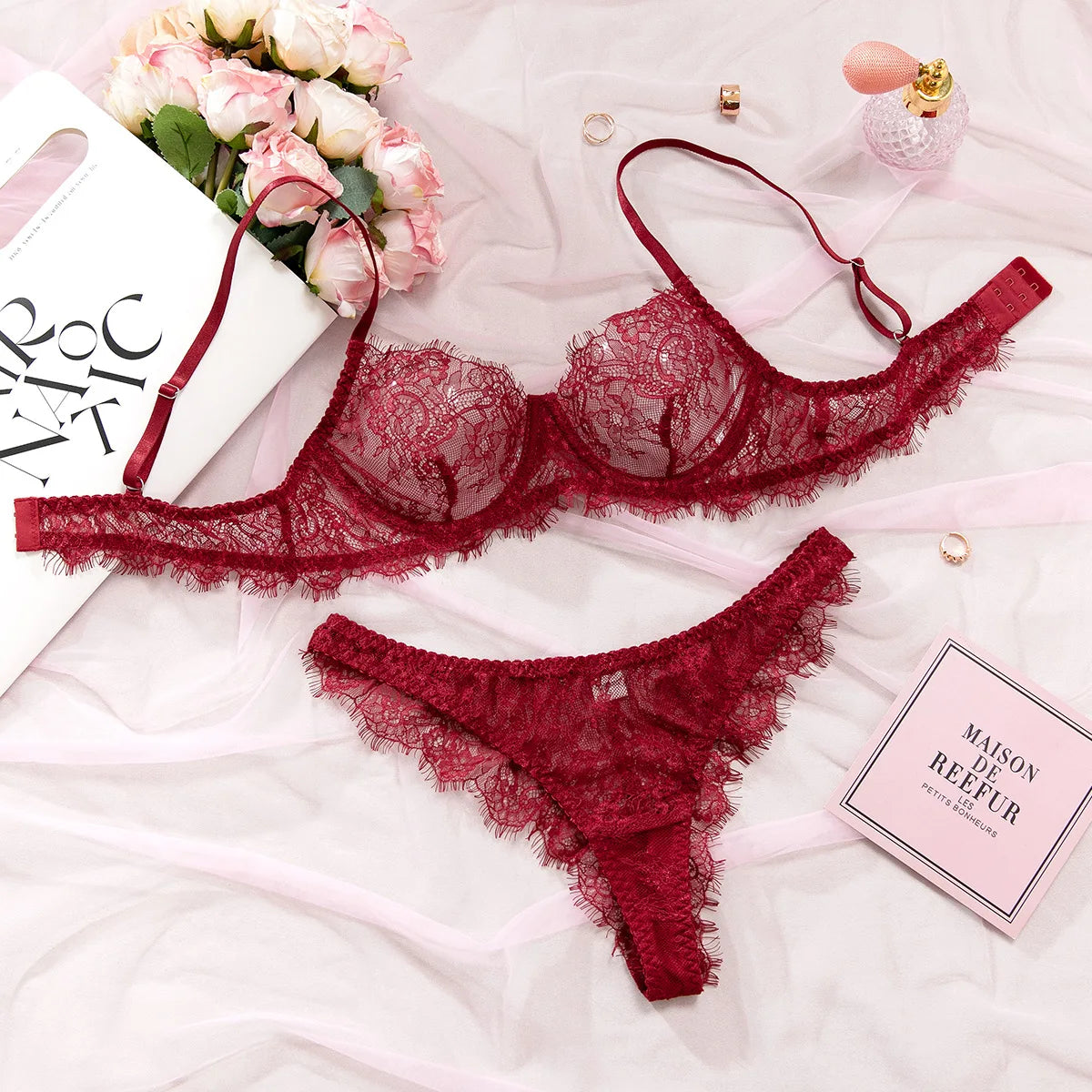 Ellolace Solid Women's Lingerie Sets Elegant Eyelash Lace Bra Panty 2PC Seductive See Through Intimate Willowy Sexy Underwear