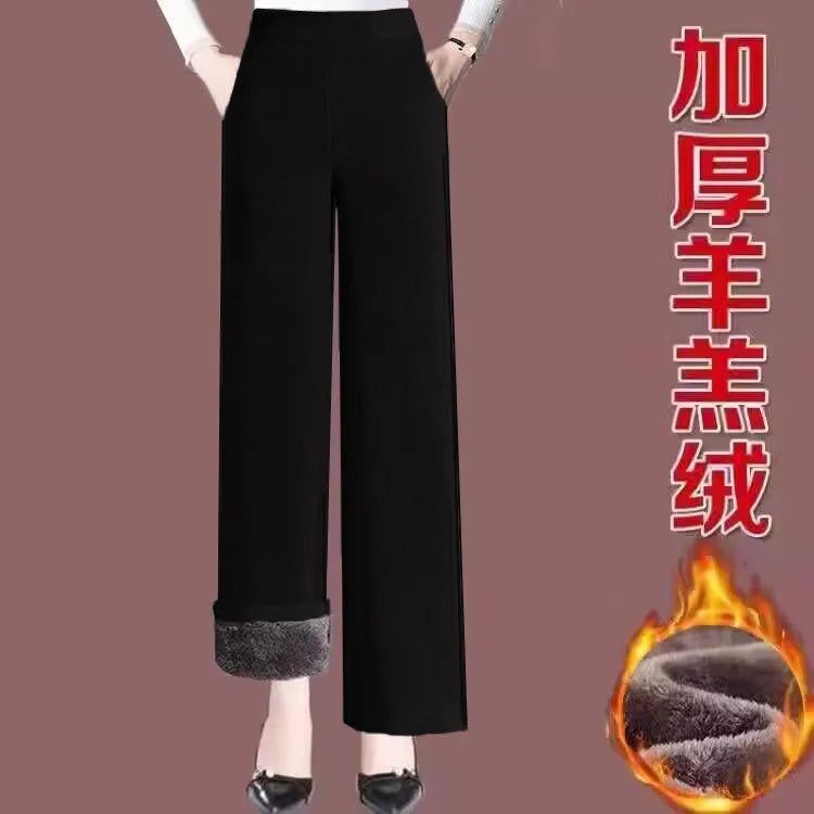 High Quality Fleece Lined Wide Leg Pants Thickened Corduroy Straight Cut Casual Trousers for Women Winter 2025 Warmth Elastic...