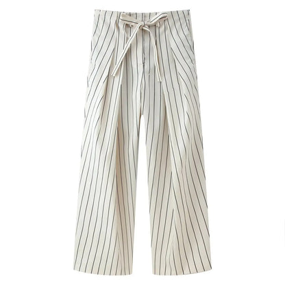 KONDALA Chic Spring Casual Striped Women Suit Single Breasted Loose Shirt+ Lace-up Wide Leg Long Pants Fashion 2026 Female Suit