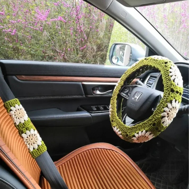 Warm Anti-Slip Hand Crocheted Flower Car Steering Wheel Cover Simple Stylish Winter Car Decor Safe Driving Seat Belt Accessory