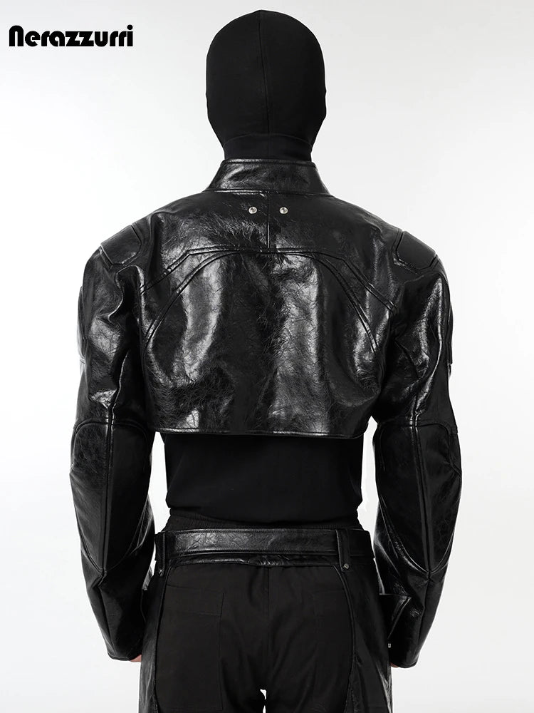 Nerazzurri Spring Autumn Cool Short Black Pu Leather Jacket Men Shoulder Pads Zipper Cropped Menswear Runway European Fashion