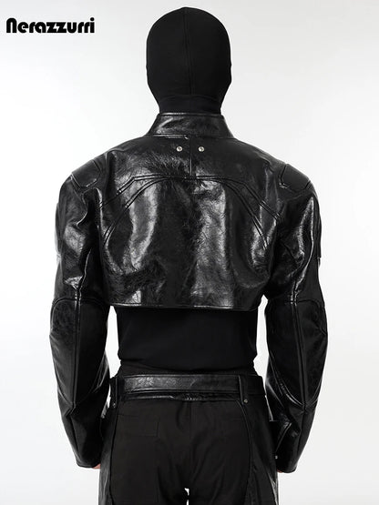 Nerazzurri Spring Autumn Cool Short Black Pu Leather Jacket Men Shoulder Pads Zipper Cropped Menswear Runway European Fashion