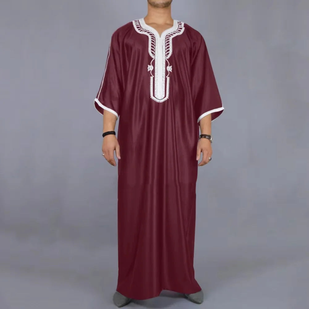 Moroccan style Muslim men's long robe white elegant exquisite embroidery men's long robe casual simple robe