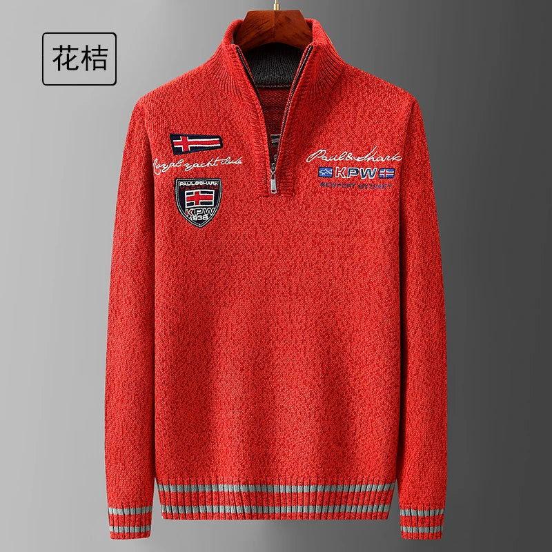Autumn Sweater Male Shark Clothing Cotton Wool Jumpers Pullover Coats Jacquard Christmas Knitted Half Turtleneck zip