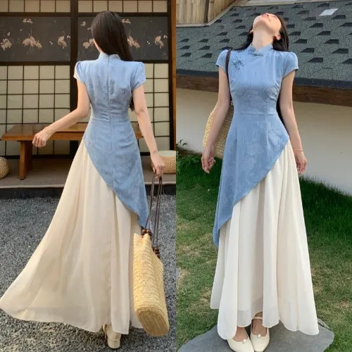 plus Size New Chinese Embroidered Short Sleeve Dress Women's Summer Soft Waist Cinching  Long Dress Commute Style