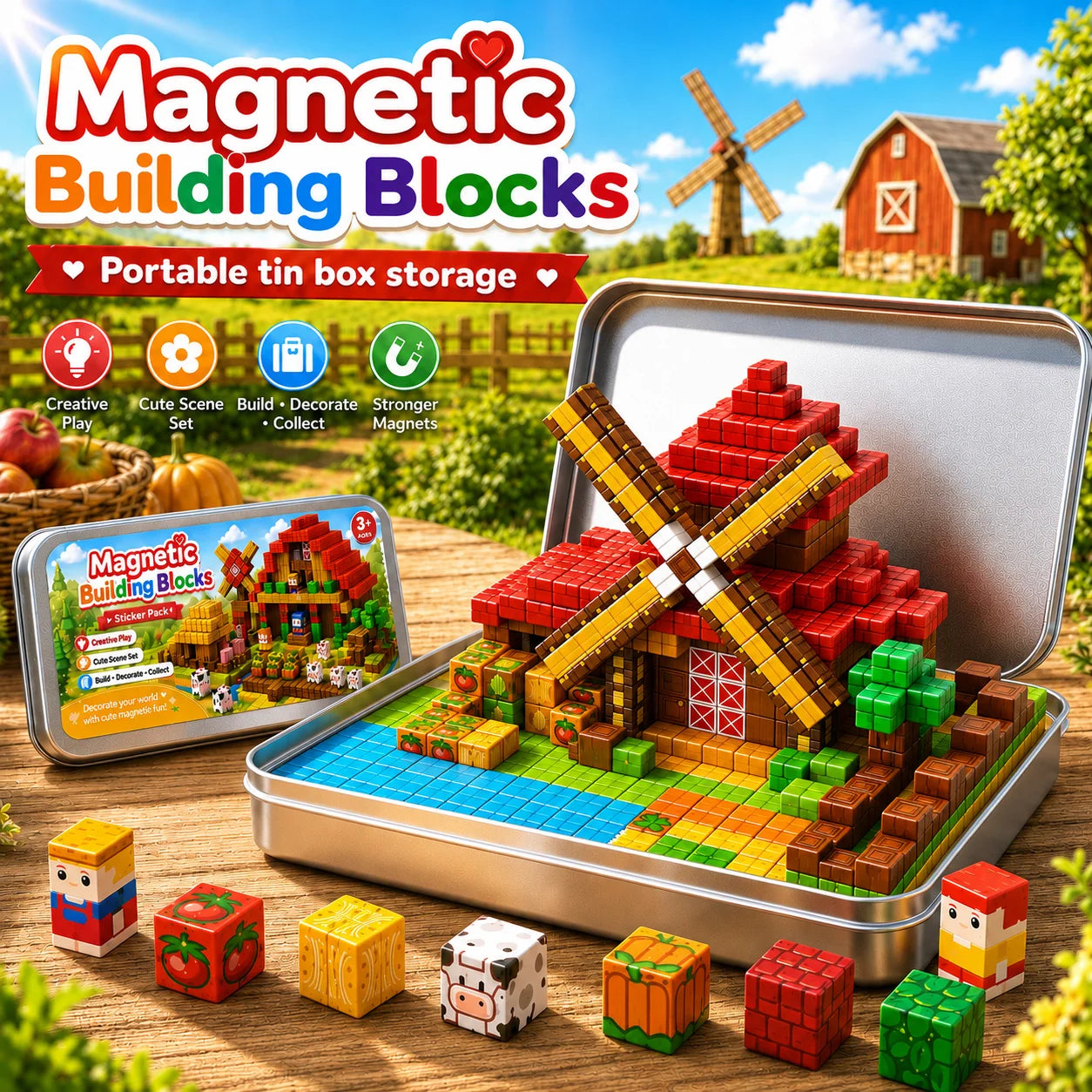 Magnetic Building Blocks Magnet World Magnetic Farm Style Tin Box Construction Brick Cube STEM Boy Girl Children Toy Set Gift