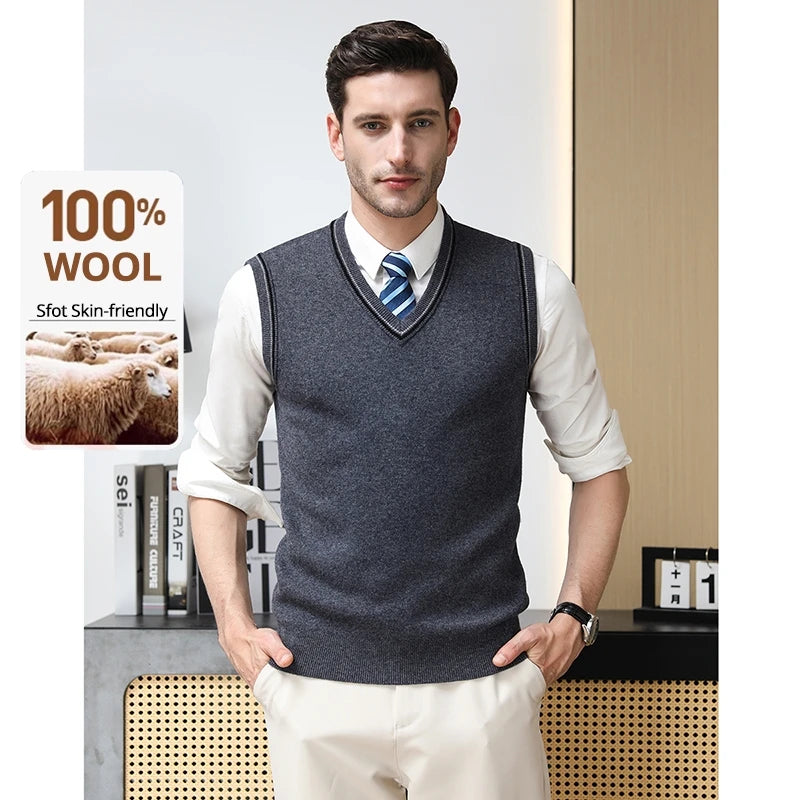 High End 100% Wool New Autum Winter Fashion Brand Knit Pullover Sweater Vest Slim Fit V-neck Sleeveless Casual Mens Clothing