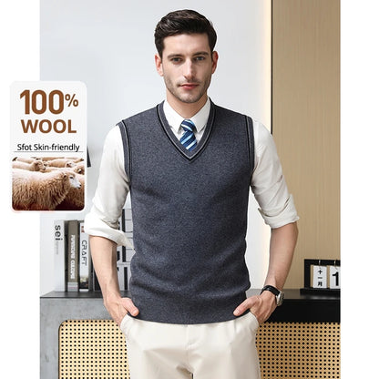 High End 100% Wool New Autum Winter Fashion Brand Knit Pullover Sweater Vest Slim Fit V-neck Sleeveless Casual Mens Clothing