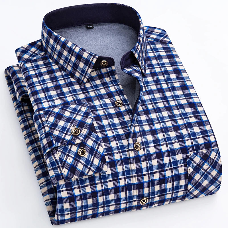 Winter Warm Shirt For Man Thickened Flannel Plaid Casual Menswear Long Sleeve Plus Fleece Big Size Regular Fit Smart Dress Shirt