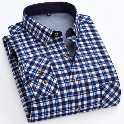 Winter Warm Shirt For Man Thickened Flannel Plaid Casual Menswear Long Sleeve Plus Fleece Big Size Regular Fit Smart Dress Shirt