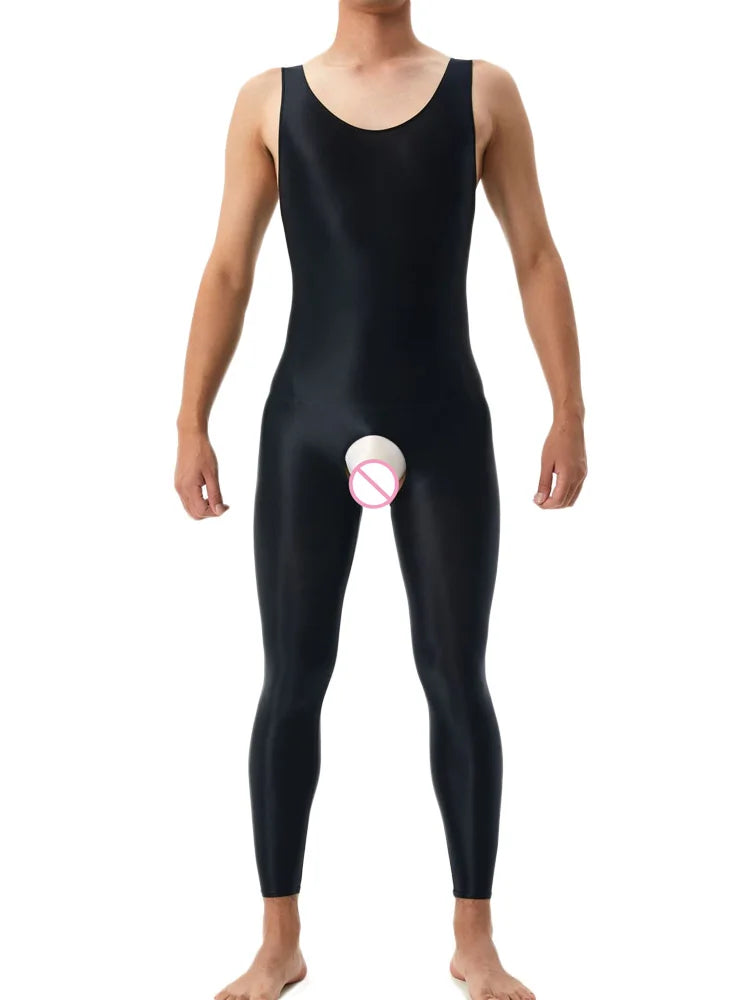 Sexy Crotchless Satin Oil Glossy Shiny Bodysuit Sheer See Through Yoga Tights Elastic Shaping Leotard Jumpsuit Candy Color