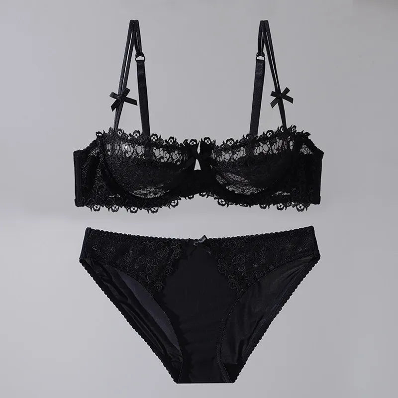 Women New Fashion Sweet Spicy Lace Lingerie Set Ultra Thin Half Cup Push Up Bra Soft Underwire Comfortable Top