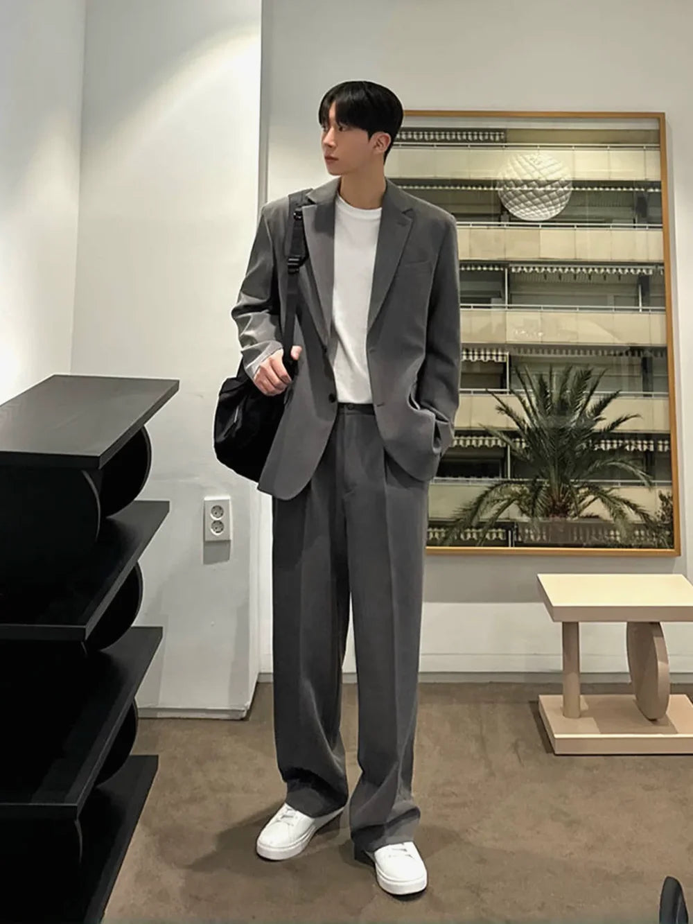 American Deep Grey Shoulder Padded Men's Casual Suit Two-Piece Set Non-Ironing Leisure Single West Casual Pants Long Pants