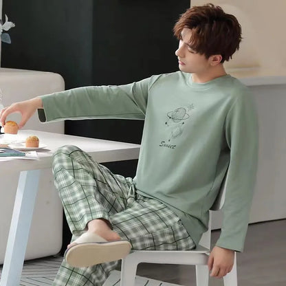 Men‘s Pajama Set Long Sleeve Black Striped Fall and Winter Youth Student Nightwear Loungewear Two Piece Set Sleepwear Homewear