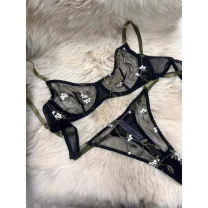Sexy Soft Mesh Bra Set, Embroidered Ultra Thin T Back,Comfortable Transparent Lingerie for Women, Slimming Breathable Inner Wear
