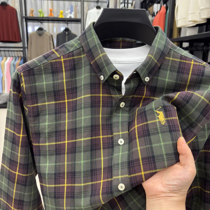 Embroidered Cotton Long Sleeved Shirt for Men in Spring and Autumn, New Plaid Shirt for Casual and Loose Fit, Business Men