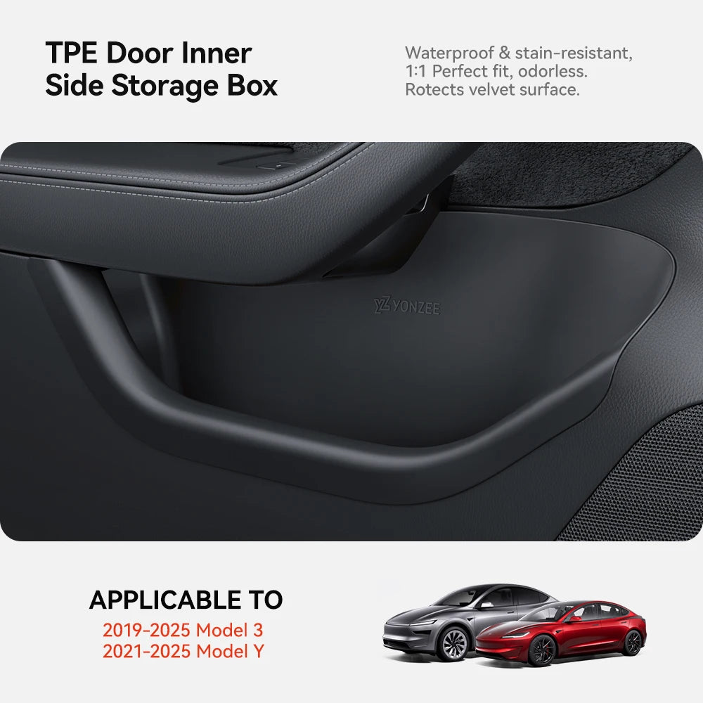 YZ For Tesla Model 3/Y/YL Highland Juniper Car Door Side Storage Box Front Rear Side TPE Door Storage Organizer Tray Accessories