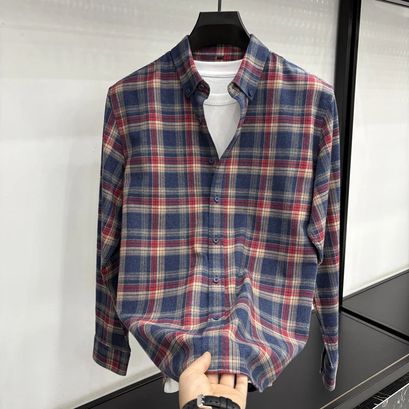 Cotton Plaid Shirt Men's Long Sleeved Spring New Loose Casual Jacket, Brushed and Iron Free Shirt Men's Clothing