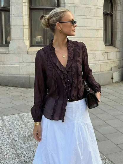 HH Women Elegant Fashion Polka Dot Ruffled Blouse V Neck Long Sleeve Shirt Summer Translucent Thin Tops High Street Chic Shirts