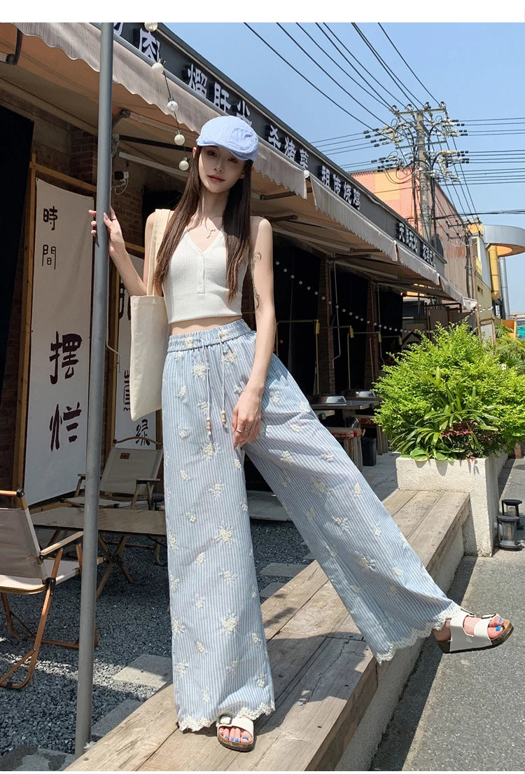 Vintage Blue Striped Embroidered Wide-leg Pants Women's Summer 2026 High-waisted Lace Stitching Casual Straight Trousers Popular