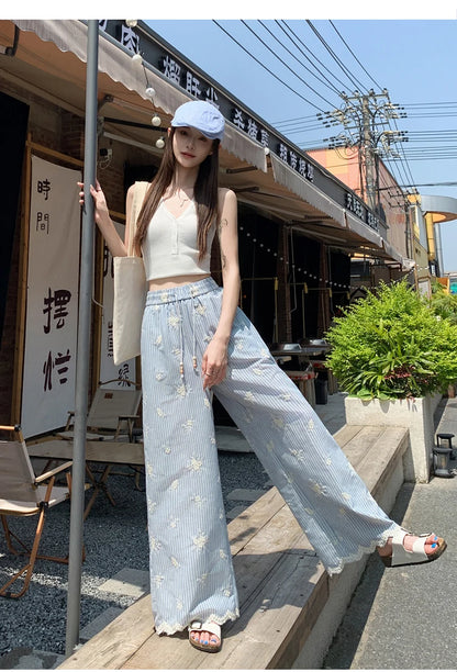 Vintage Blue Striped Embroidered Wide-leg Pants Women's Summer 2026 High-waisted Lace Stitching Casual Straight Trousers Popular
