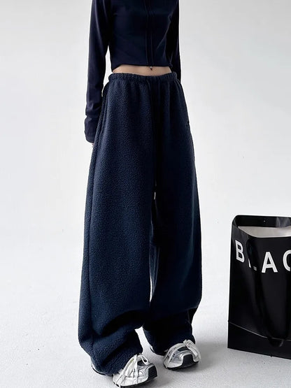 High Waist Drawstring Straight Leg Fleece Lined Casual Pants Women's Thickened Winter Fashion Korean Style Warm Trousers