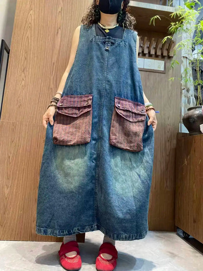 Color-blocked Large Pocket Denim Dress Women Sleeveless Suspender Tank Dress XY326