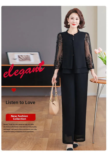 New 2026 Summer Fashionable Thin Two-Piece Set for Older Women Age-Defying Trendy Top And Bottom Ensemble Polyester Fiber