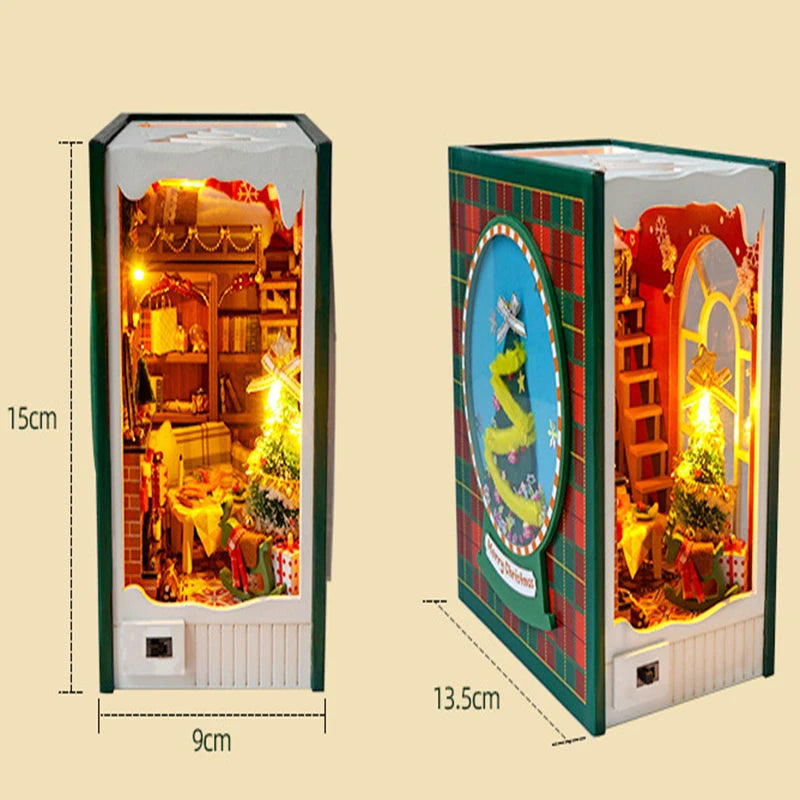 Book Nook Miniature DIY Hut Christmas cabin Houses Bookstand Doll House Creative Puzzle Bookshelf Insert With Touch Cover
