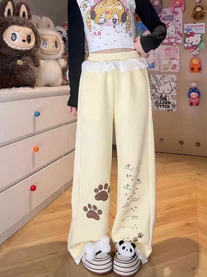 Sweet Cartoon Print Wide Leg Pants Women's High Waist Straight Lace Splice Casual Sports Sweatpants Breathable Cotton Blend