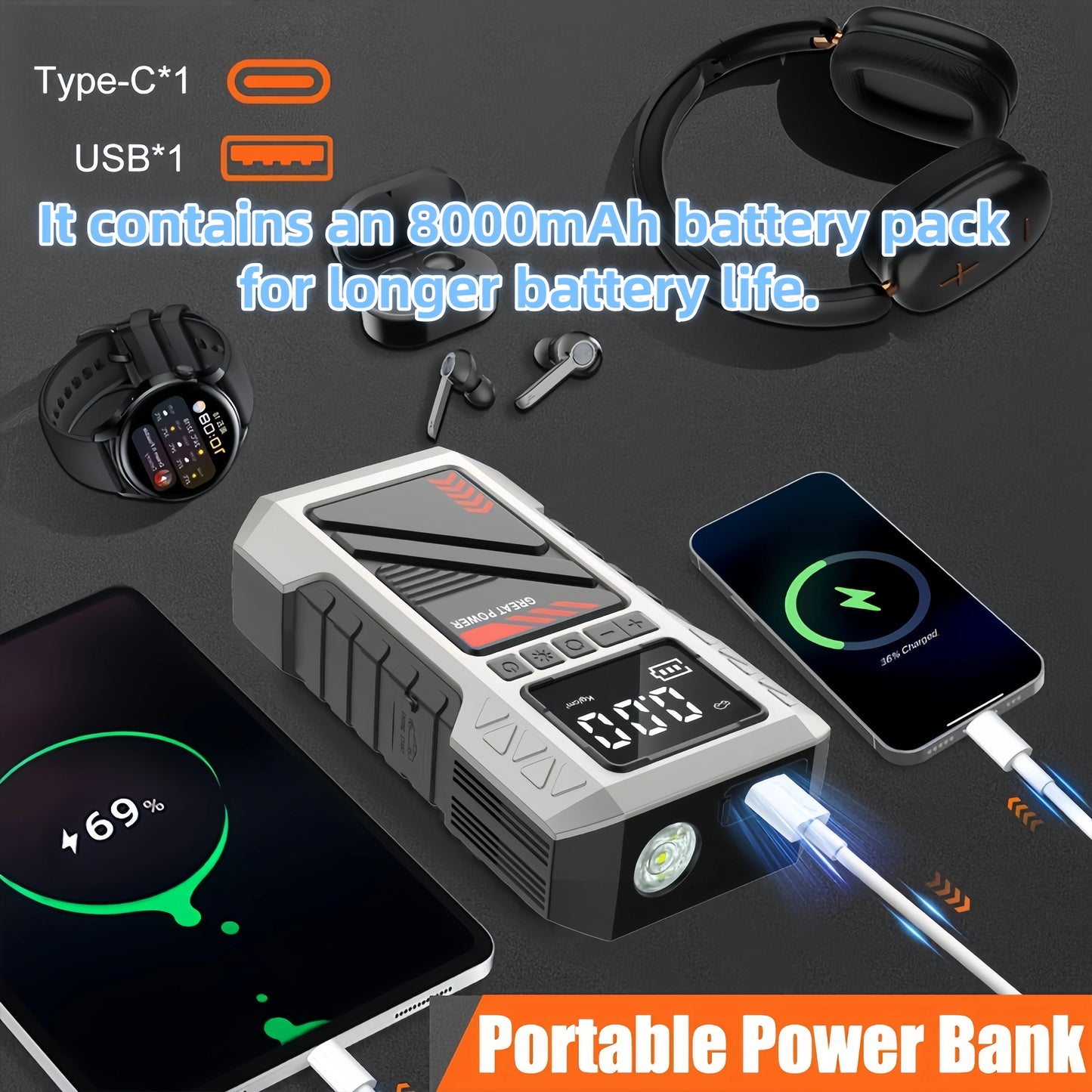 2-in-1 Car Battery Repair Kit (including 8000 ampere battery booster starter and 180 pound-force/square-inch air compressor)