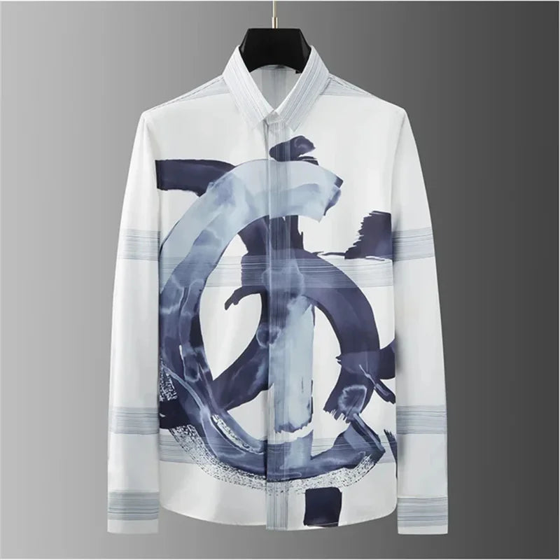 2025 Luxury letter-printed shirt for men, long-sleeved, fitted casual shirt, high-quality, fashionable, oversized men's clothing