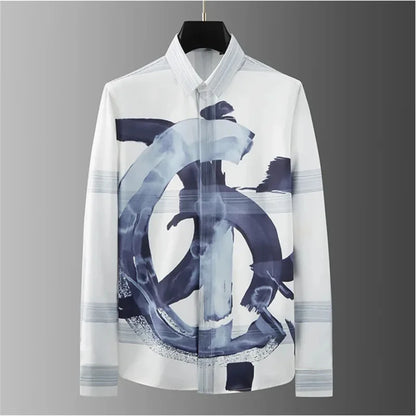 2025 Luxury letter-printed shirt for men, long-sleeved, fitted casual shirt, high-quality, fashionable, oversized men's clothing