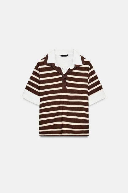 Spring New Women's Short Sleeve  Shirt Neck Splicing Stripe Pattern Casual Loose Fit Polyester Fiber Creative Design
