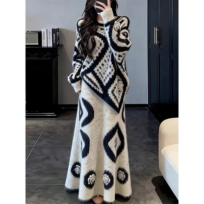 Soft Knitted Set Women's Winter Sweater  Skirt Two-Piece Set Elegant Unique Beautiful Whole Set Fashionable Fre...