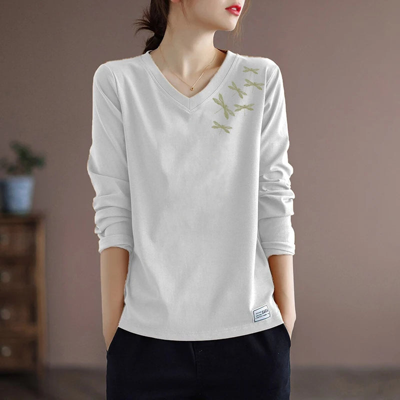 Pure Cotton Long Sleeve Women's T-shirt Autumn Season Versatile Base Layer Top Commute Style Loose Fit Regular Thickness