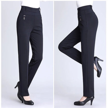 High Waist Fleece Lined Slimming Pants for Middle-Aged And Elderly Women Casual Long Pants Straight Leg Elastic Ankle Pants