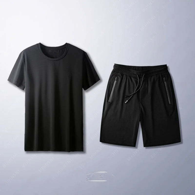 Ice Silk Men's Casual Pants Sports Set Air Conditioning Pants Quick Dry Trendy Large Size Short Sleeve T-Shirt Mesh Summer Wear