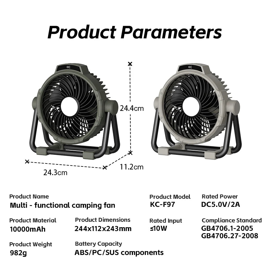 Multifunctional Camping Fan 10000mAh Portable Outdoor Rechargeable Fan 5 Speed Air Circulators w/ LED Light Hook Remote Control