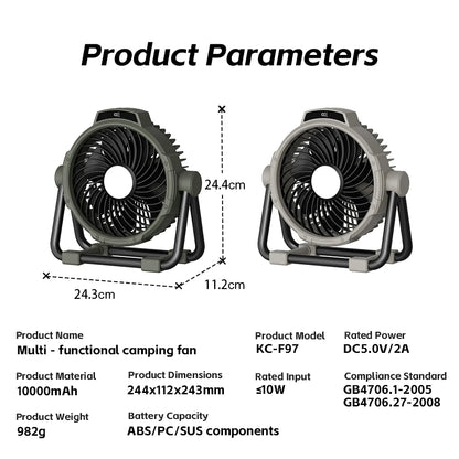 Multifunctional Camping Fan 10000mAh Portable Outdoor Rechargeable Fan 5 Speed Air Circulators w/ LED Light Hook Remote Control