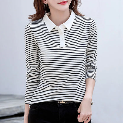 Spring Long Sleeve Striped Polo Shirt Women Cotton Stretch Fashion Summer Autumn Elegant Knitted Polo T-shirt For Women 2024