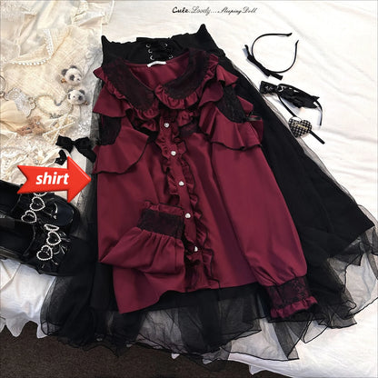 Jirai Kei Lolita Blouse Kawaii Top Women Cute Japanese Style Shirt with Bow Y2K Elegant Long Sleeve Sweet Casual Aesthetic Tops